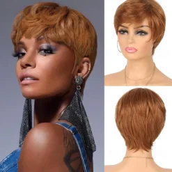 Glueless Wear and Go Wig Pixie Cut Short Human Hair Wigs for Black Women Full Machine Wigs 150% Density Layered Wavy Style Wigs with Bangs