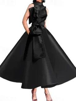 Gold Black A-Line Cocktail Dresses Elegant Dress Formal Wedding Ankle Length Sleeveless Crew Neck Pocket Satin with Bow(s) Beading