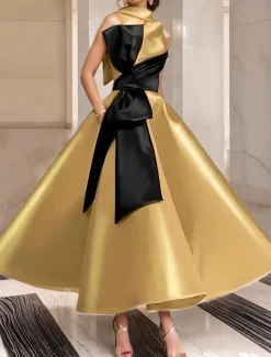 Gold Black A-Line Cocktail Dresses Elegant Dress Formal Wedding Ankle Length Sleeveless Crew Neck Pocket Satin with Bow(s) Beading