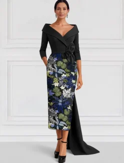 Gold Black A-Line Evening Gown Elegant Dress Formal Wedding Floor Length Half Sleeve Shirt Collar Satin with Slit Embroidery