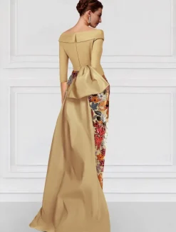 Gold Black A-Line Evening Gown Elegant Dress Formal Wedding Floor Length Half Sleeve Shirt Collar Satin with Slit Embroidery