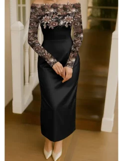Gold Floral Embroidered Lace Applique Sheath / Column Cocktail Dresses with Detachable Cape Elegant Dress Formal Wedding Tea Length Sleeveless Strapless Long Sleeve 2025