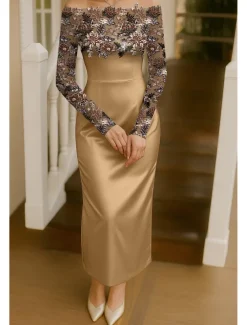 Gold Floral Embroidered Lace Applique Sheath / Column Cocktail Dresses with Detachable Cape Elegant Dress Formal Wedding Tea Length Sleeveless Strapless Long Sleeve 2025