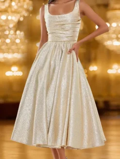 Gold Jacquard Evening Gown A-Line Cocktail Dresses Elegant Dress Formal Wedding Tea Length Sleeveless Square Neck with Pleats Ruched Wedding Guest Dress