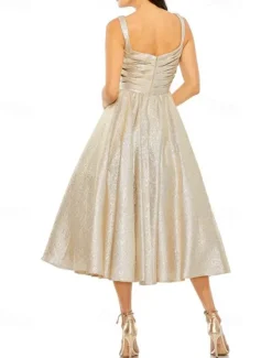 Gold Jacquard Evening Gown A-Line Cocktail Dresses Elegant Dress Formal Wedding Tea Length Sleeveless Square Neck with Pleats Ruched Wedding Guest Dress