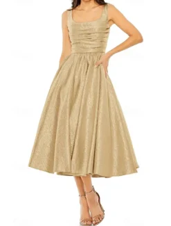 Gold Jacquard Evening Gown A-Line Cocktail Dresses Elegant Dress Formal Wedding Tea Length Sleeveless Square Neck with Pleats Ruched Wedding Guest Dress