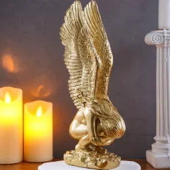 Gold Kneeling Angel Desktop Decoration, Resin Material Salvation Angel Sculpture, Handmade Craft for TV Background Wall, Entryway, Study, and Office Desk Decor