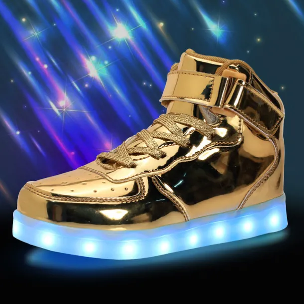 Gold LED Light-Up High-Top Sneakers for Kids and Men with Colorful Sole, Adjustable Strap, and Shiny Finish