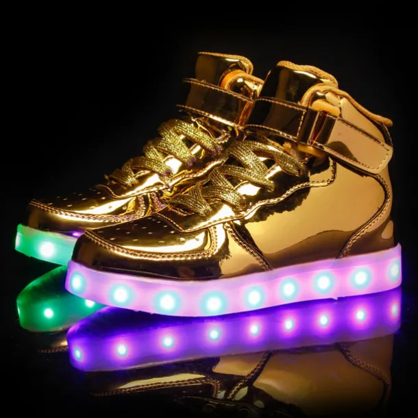 Gold LED Light-Up High-Top Sneakers for Kids and Men with Colorful Sole, Adjustable Strap, and Shiny Finish