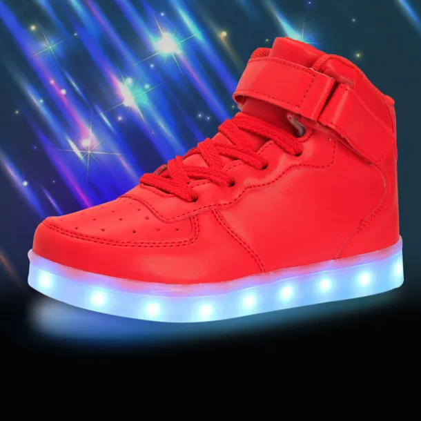 Gold LED Light-Up High-Top Sneakers for Kids and Men with Colorful Sole, Adjustable Strap, and Shiny Finish
