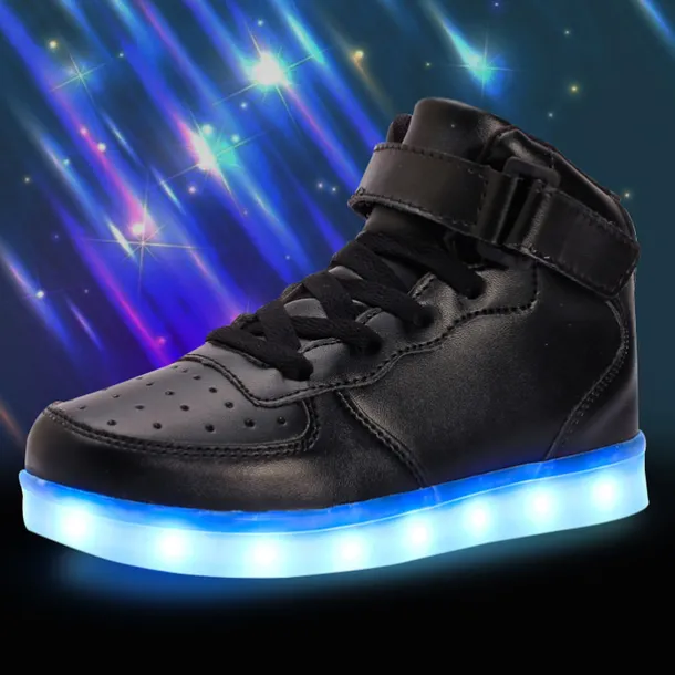Gold LED Light-Up High-Top Sneakers for Kids and Men with Colorful Sole, Adjustable Strap, and Shiny Finish