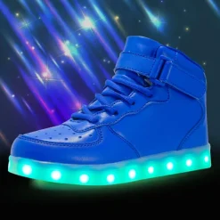 Gold LED Light-Up High-Top Sneakers for Kids and Men with Colorful Sole, Adjustable Strap, and Shiny Finish