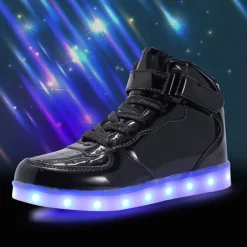 Gold LED Light-Up High-Top Sneakers for Kids and Men with Colorful Sole, Adjustable Strap, and Shiny Finish