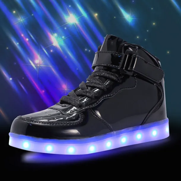 Gold LED Light-Up High-Top Sneakers for Kids and Men with Colorful Sole, Adjustable Strap, and Shiny Finish