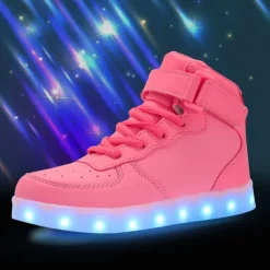 Gold LED Light-Up High-Top Sneakers for Kids and Men with Colorful Sole, Adjustable Strap, and Shiny Finish