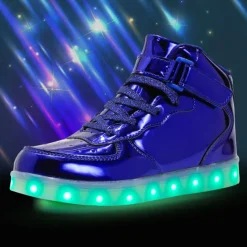 Gold LED Light-Up High-Top Sneakers for Kids and Men with Colorful Sole, Adjustable Strap, and Shiny Finish