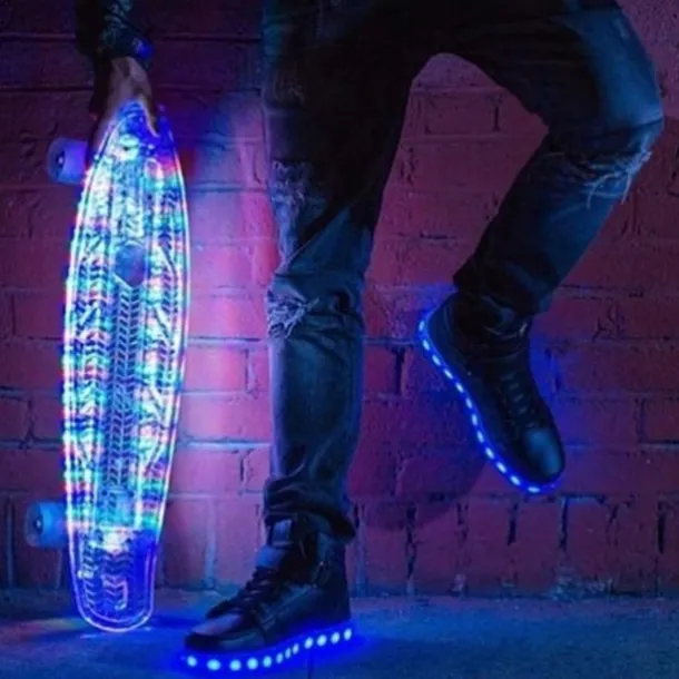Gold LED Light-Up High-Top Sneakers for Kids and Men with Colorful Sole, Adjustable Strap, and Shiny Finish