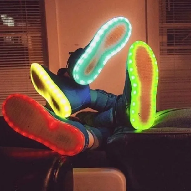 Gold LED Light-Up High-Top Sneakers for Kids and Men with Colorful Sole, Adjustable Strap, and Shiny Finish