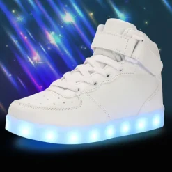 Gold LED Light-Up High-Top Sneakers for Kids and Men with Colorful Sole, Adjustable Strap, and Shiny Finish