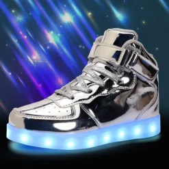 Gold LED Light-Up High-Top Sneakers for Kids and Men with Colorful Sole, Adjustable Strap, and Shiny Finish