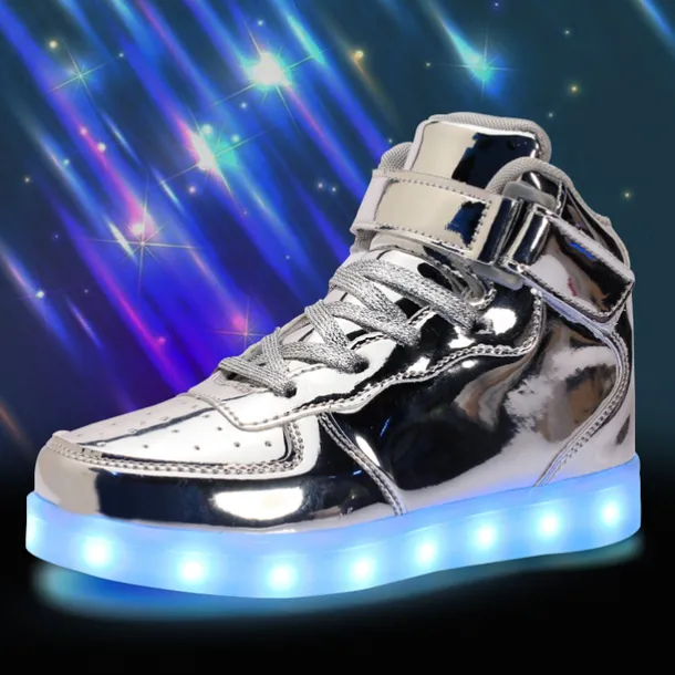 Gold LED Light-Up High-Top Sneakers for Kids and Men with Colorful Sole, Adjustable Strap, and Shiny Finish