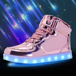 Gold LED Light-Up High-Top Sneakers for Kids and Men with Colorful Sole, Adjustable Strap, and Shiny Finish
