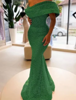Gold Mermaid Sequined Evening Gown Elegant Dress Formal Floor Length Sleeveless Off Shoulder Masquerade Dress