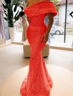 Gold Mermaid Sequined Evening Gown Elegant Dress Formal Floor Length Sleeveless Off Shoulder Masquerade Dress