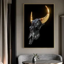 Gold Metal Horns Bull Skull Statue Art Canvas Painting Posters and Prints Wall Art Pictures for Living Room Wall Decor
