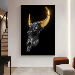 Gold Metal Horns Bull Skull Statue Art Canvas Painting Posters and Prints Wall Art Pictures for Living Room Wall Decor