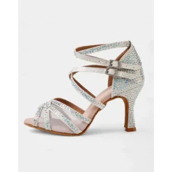 Gold Rhinestone Strappy Ballroom Dance Heels with Double Buckle Straps - Performance Shoes for Women