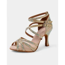 Gold Rhinestone Strappy Ballroom Dance Heels with Double Buckle Straps - Performance Shoes for Women