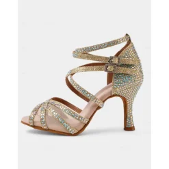 Gold Rhinestone Strappy Ballroom Dance Heels with Double Buckle Straps - Performance Shoes for Women