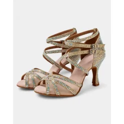Gold Rhinestone Strappy Ballroom Dance Heels with Double Buckle Straps - Performance Shoes for Women