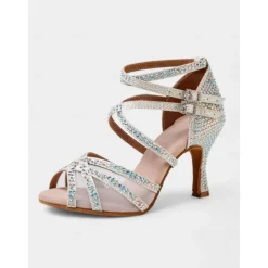 Gold Rhinestone Strappy Ballroom Dance Heels with Double Buckle Straps - Performance Shoes for Women