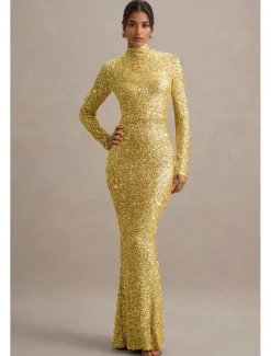 Gold Stretch Sequin Mermaid / Trumpet Evening Gown Elegant Dress Formal Wedding Floor Length Long Sleeve Mock Neck with Glitter