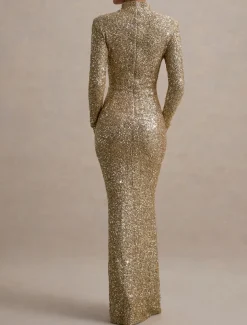 Gold Stretch Sequin Mermaid / Trumpet Evening Gown Elegant Dress Formal Wedding Floor Length Long Sleeve Mock Neck with Glitter