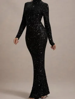 Gold Stretch Sequin Mermaid / Trumpet Evening Gown Elegant Dress Formal Wedding Floor Length Long Sleeve Mock Neck with Glitter