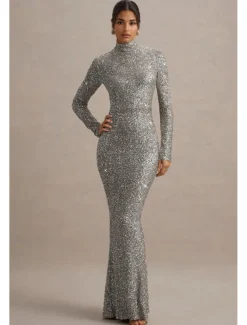 Gold Stretch Sequin Mermaid / Trumpet Evening Gown Elegant Dress Formal Wedding Floor Length Long Sleeve Mock Neck with Glitter