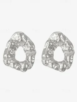 Gold Textured Stainless Steel Earrings - Unique Sculptural Hollow Design for Women