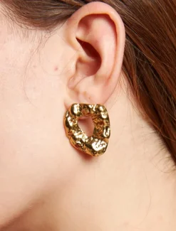 Gold Textured Stainless Steel Earrings - Unique Sculptural Hollow Design for Women