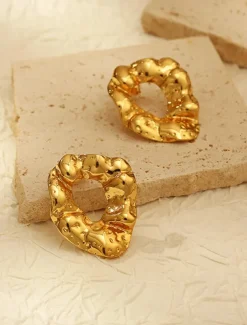 Gold Textured Stainless Steel Earrings - Unique Sculptural Hollow Design for Women