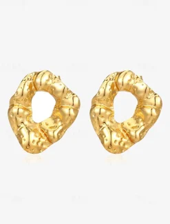 Gold Textured Stainless Steel Earrings - Unique Sculptural Hollow Design for Women
