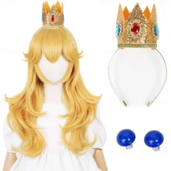 Golden Princess Wig with Earrings and Crown Blonde Long Wavy Peach Wig for Kids Cosplay Halloween Wigs