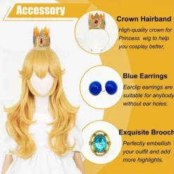 Golden Princess Wig with Earrings and Crown Blonde Long Wavy Peach Wig for Kids Cosplay Halloween Wigs