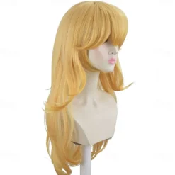Golden Princess Wig with Bangs Yellow Long Wavy Film Cosplay Synthetic Blonde Wig for Party Anime Halloween Wigs