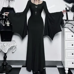 Gothic Maxi Dress Bell Sleeve Witch Morticia Addams Lace Corset Fancy Dress Women's Fantasy Halloween Carnival Performance Party Adults Dress