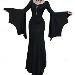 Gothic Maxi Dress Bell Sleeve Witch Morticia Addams Lace Corset Fancy Dress Women's Fantasy Halloween Carnival Performance Party Adults Dress