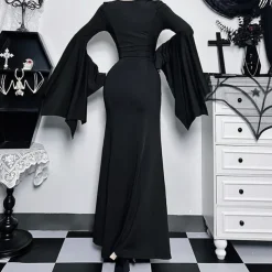 Gothic Maxi Dress Bell Sleeve Witch Morticia Addams Lace Corset Fancy Dress Women's Fantasy Halloween Carnival Performance Party Adults Dress