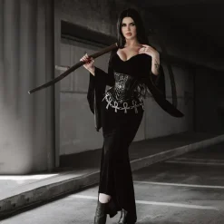 Gothic Maxi Dress Mermaid Dresses Bell Sleeve Witch Morticia Addams Velvet V Neck Fancy Dress Women's Fantasy Halloween Carnival Performance Party Adults Dress